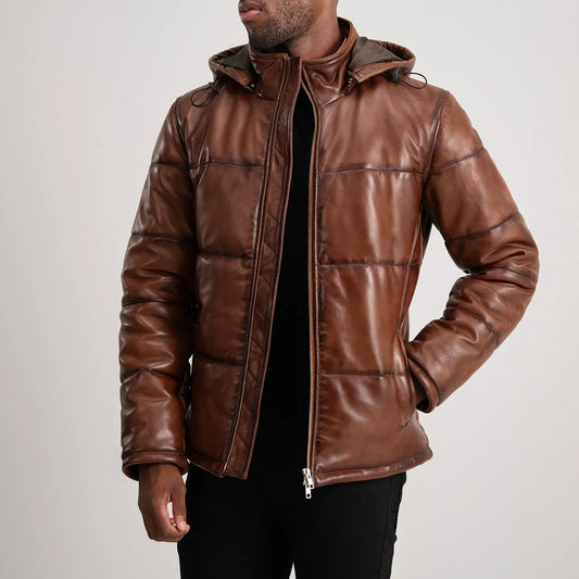 Gordon Waxed Brown Hooded Leather Puffer Jacket for Men | Premium Genuine Leather Winter Jacket