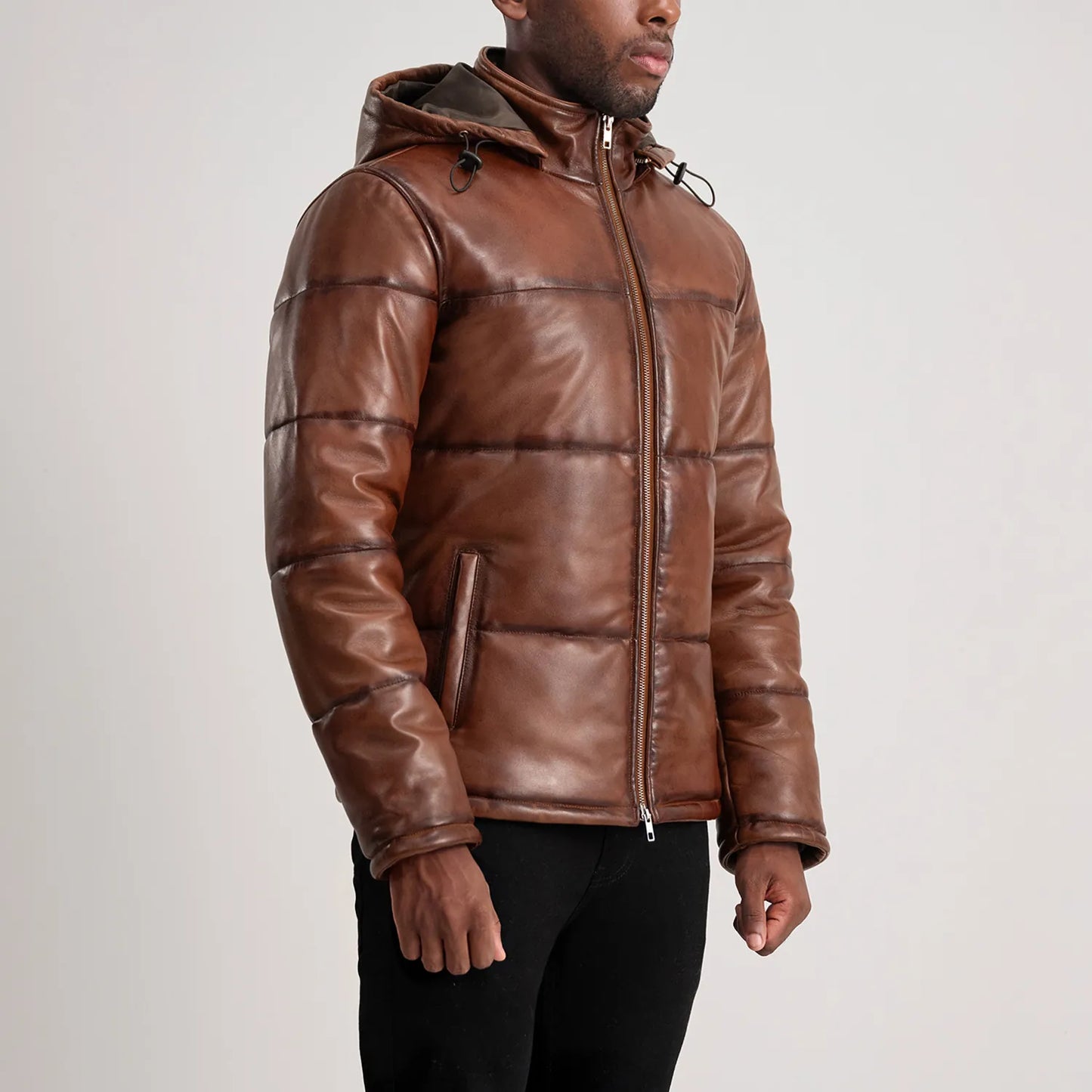 Gordon Waxed Brown Hooded Leather Puffer Jacket for Men | Premium Genuine Leather Winter Jacket