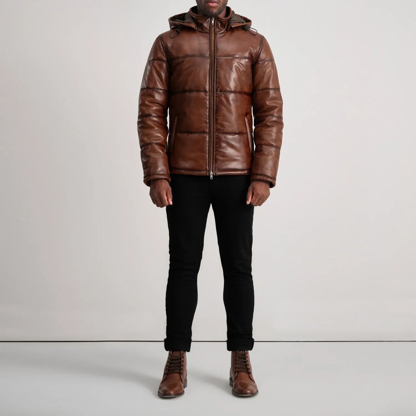 Gordon Waxed Brown Hooded Leather Puffer Jacket for Men | Premium Genuine Leather Winter Jacket