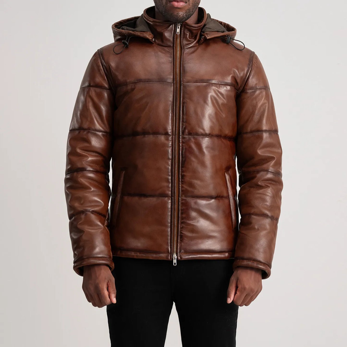 Gordon Waxed Brown Hooded Leather Puffer Jacket for Men | Premium Genuine Leather Winter Jacket