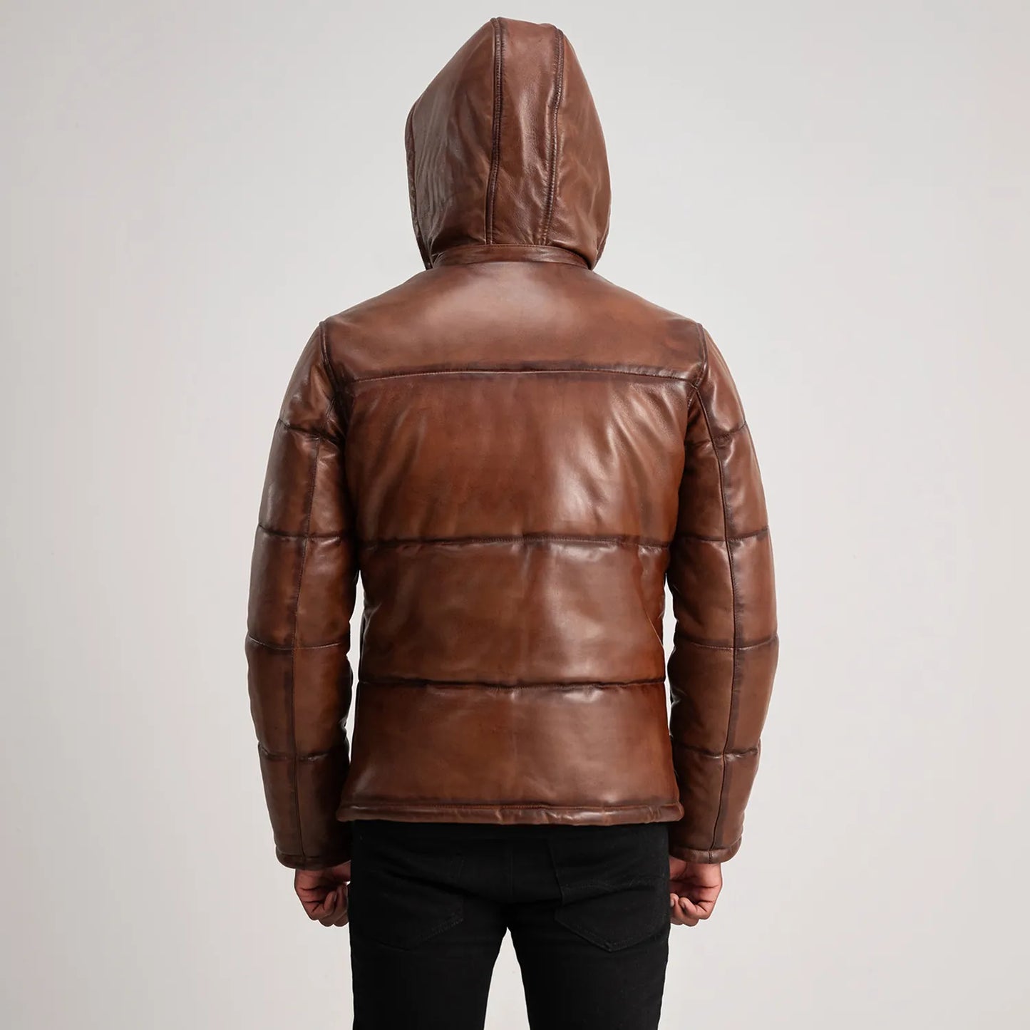 Gordon Waxed Brown Hooded Leather Puffer Jacket for Men | Premium Genuine Leather Winter Jacket
