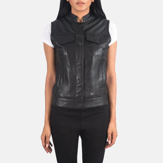 Rayne Moto Black Leather Vest for Women | Premium Genuine Leather Motorcycle Vest