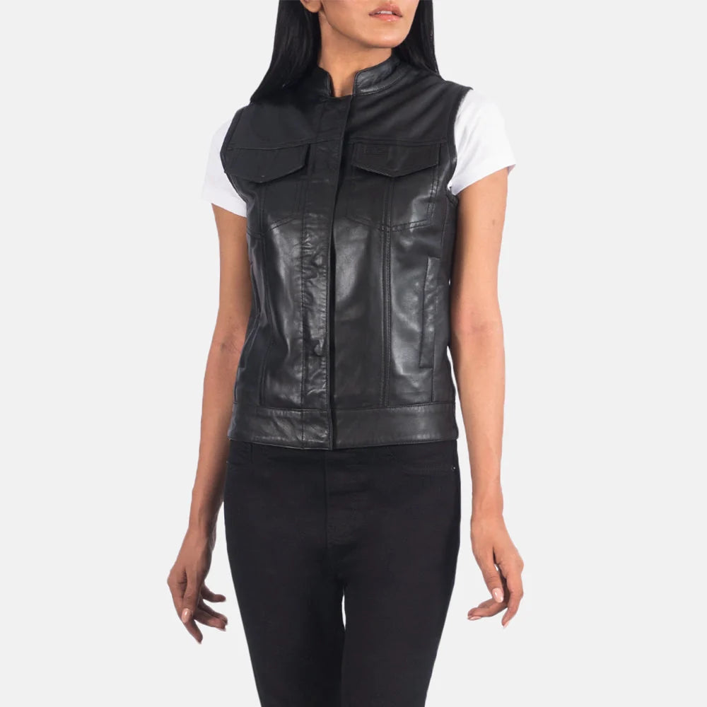 Rayne Moto Black Leather Vest for Women | Premium Genuine Leather Motorcycle Vest