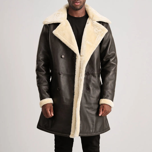 Charles Brown Leather Shearling Double-Breasted Coat for Men | Premium Genuine Leather Winter Coat