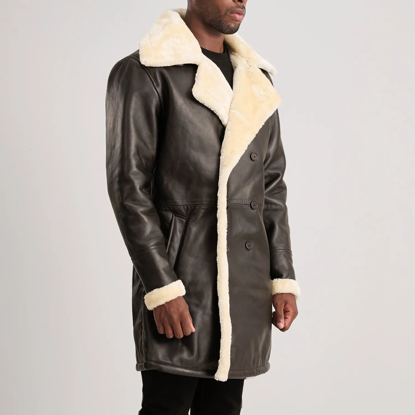 Charles Brown Leather Shearling Double-Breasted Coat for Men | Premium Genuine Leather Winter Coat