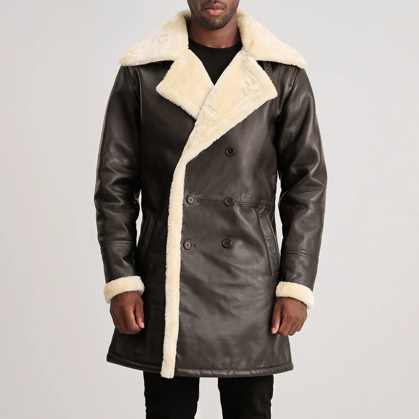 Charles Brown Leather Shearling Double-Breasted Coat for Men | Premium Genuine Leather Winter Coat