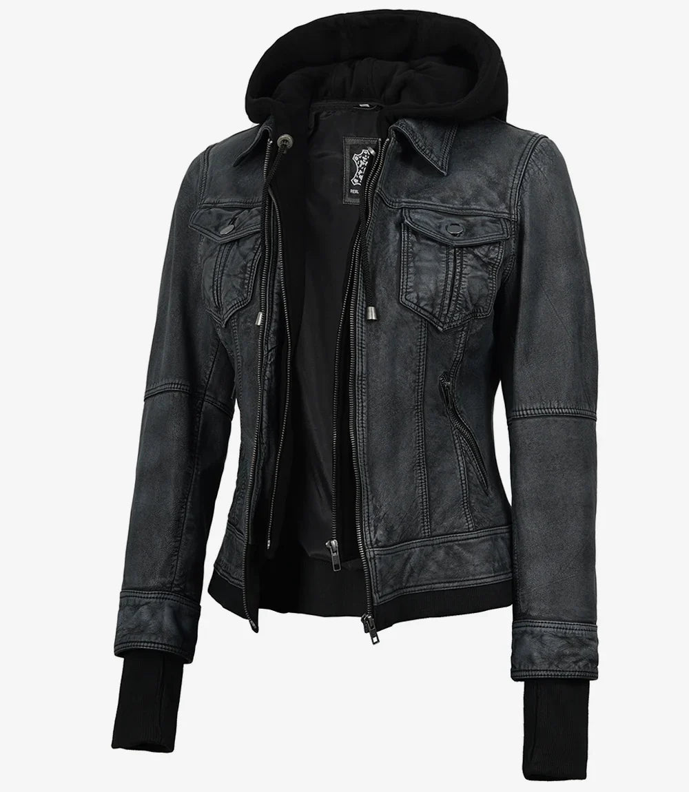 Women's Washed Black Lambskin Bomber Jacket with Removable Hood | Premium Genuine Leather Jacket