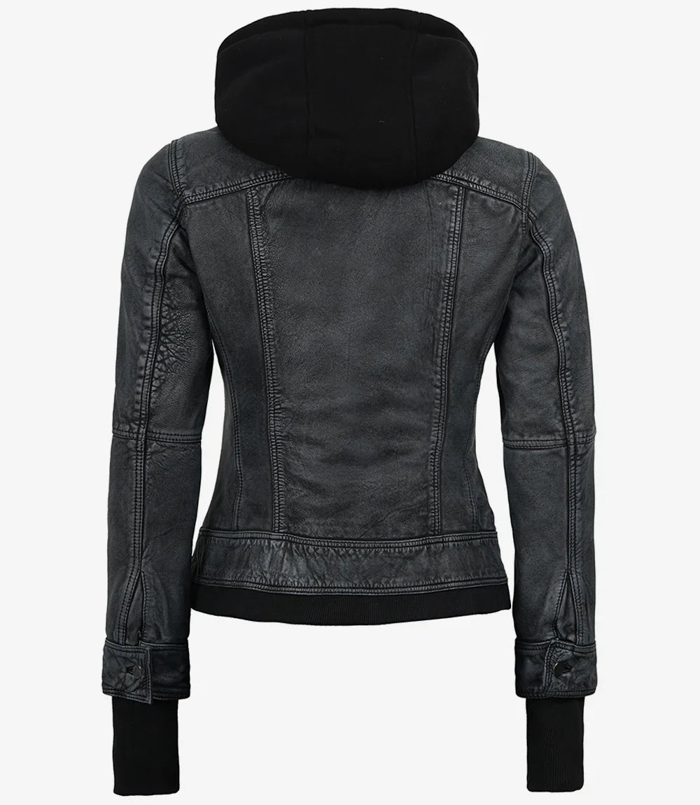 Women's Washed Black Lambskin Bomber Jacket with Removable Hood | Premium Genuine Leather Jacket