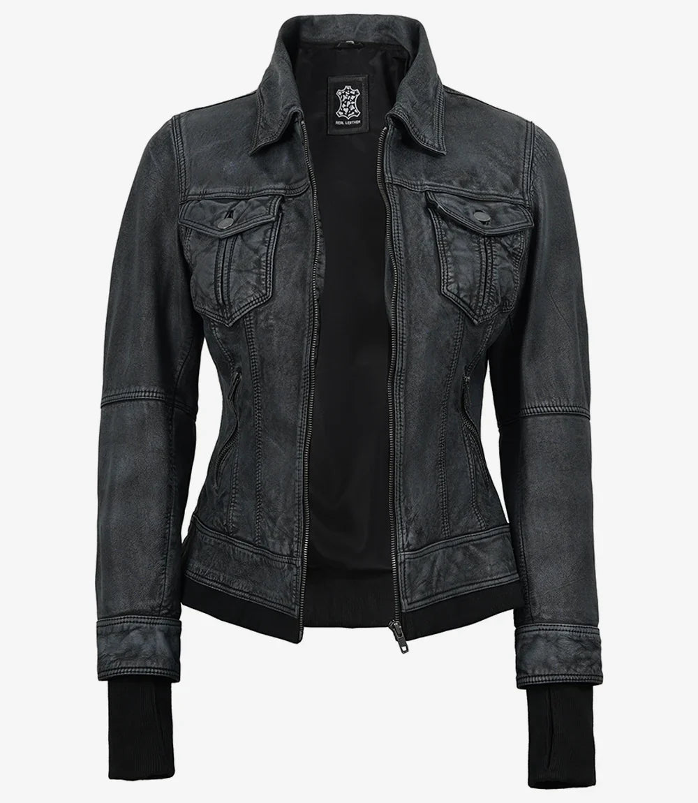 Women's Washed Black Lambskin Bomber Jacket with Removable Hood | Premium Genuine Leather Jacket