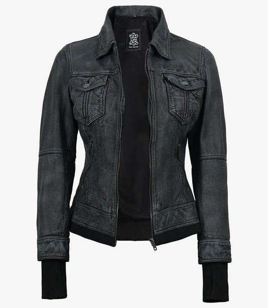 Women's Washed Black Lambskin Bomber Jacket with Removable Hood | Premium Genuine Leather Jacket