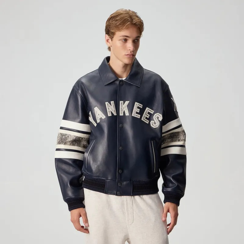 Navy Blue Yankees-Inspired Leather Varsity Jacket | Premium Genuine Leather Bomber Jacket