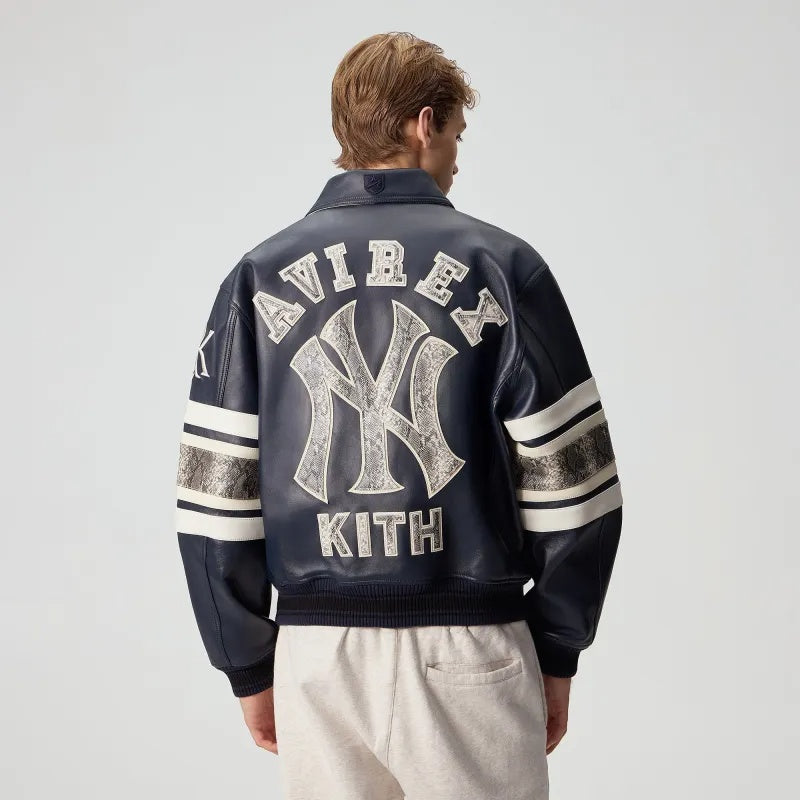 Navy Blue Yankees-Inspired Leather Varsity Jacket | Premium Genuine Leather Bomber Jacket