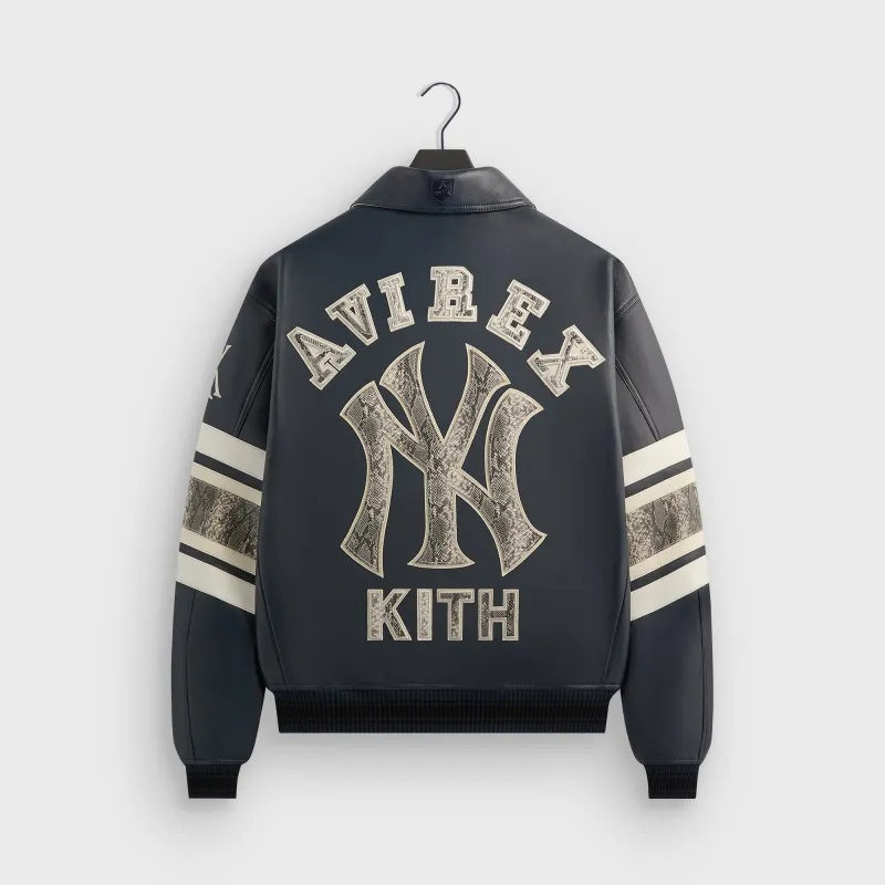 Navy Blue Yankees-Inspired Leather Varsity Jacket | Premium Genuine Leather Bomber Jacket