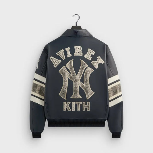 Navy Blue Yankees-Inspired Leather Varsity Jacket | Premium Genuine Leather Bomber Jacket
