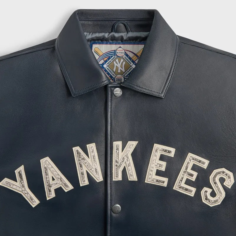 Navy Blue Yankees-Inspired Leather Varsity Jacket | Premium Genuine Leather Bomber Jacket