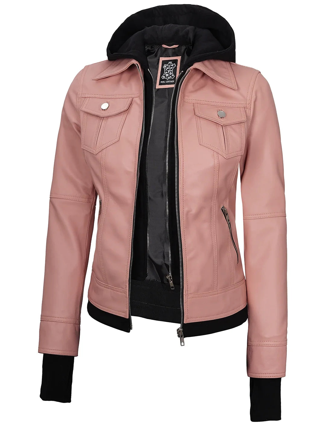 Women's Pink Hooded Leather Biker Jacket | Premium Genuine Leather Moto Jacket