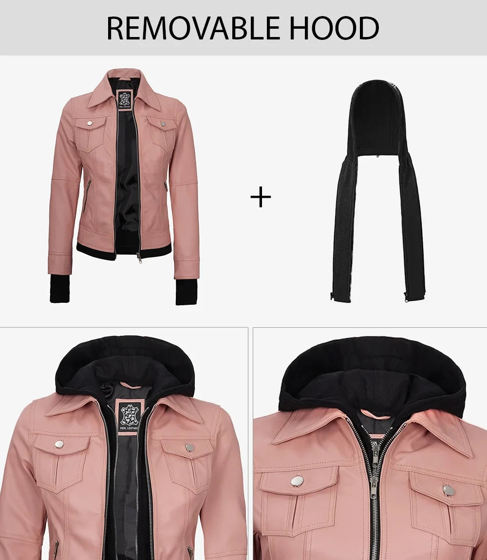 Women's Pink Hooded Leather Biker Jacket | Premium Genuine Leather Moto Jacket