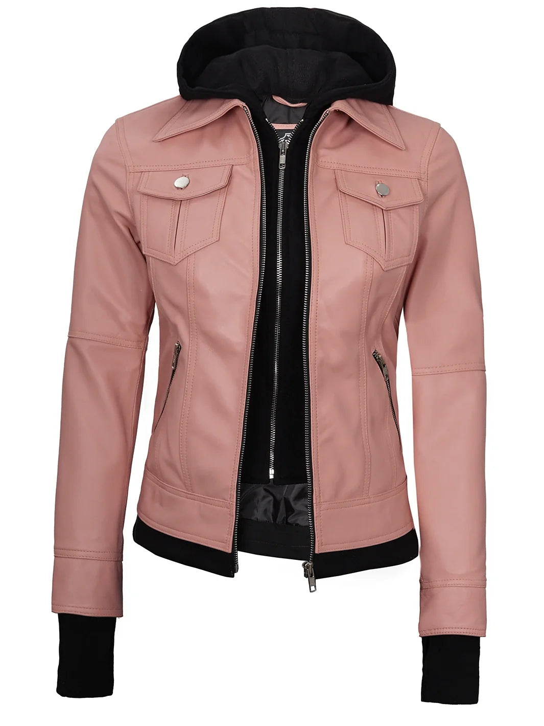 Women's Pink Hooded Leather Biker Jacket | Premium Genuine Leather Moto Jacket