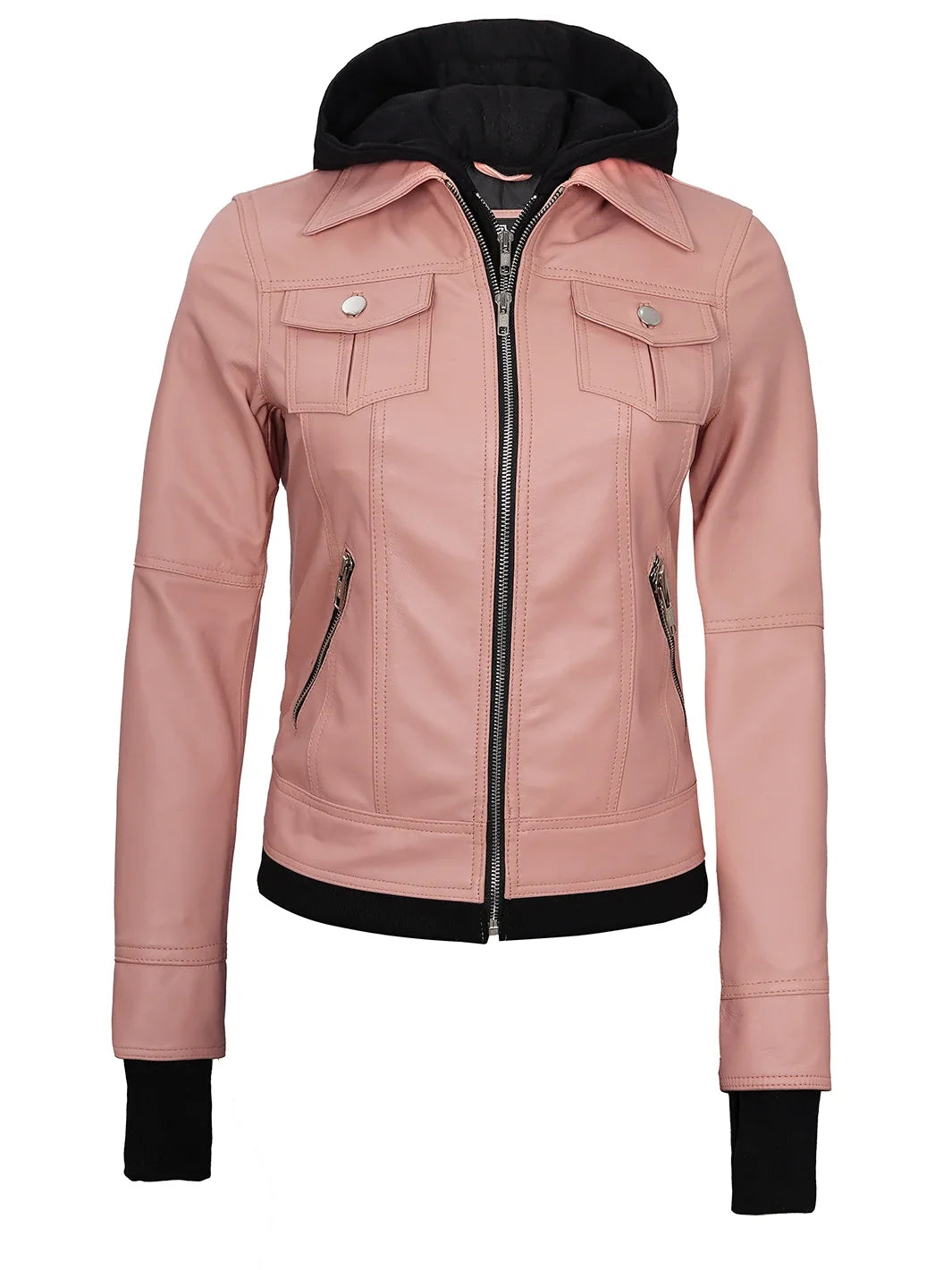 Women's Pink Hooded Leather Biker Jacket | Premium Genuine Leather Moto Jacket