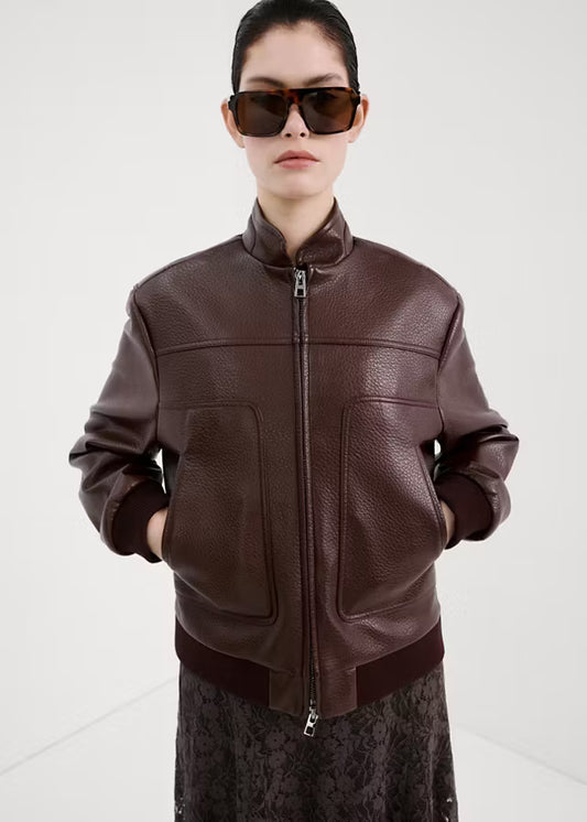 Modern Luxury Defined | Women's Premium Brown Leather Bomber Jacket